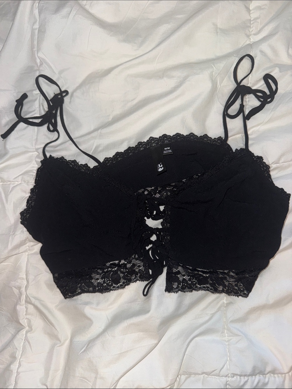 Garage Black Lace-Trim Crop Bralette with Front Tie